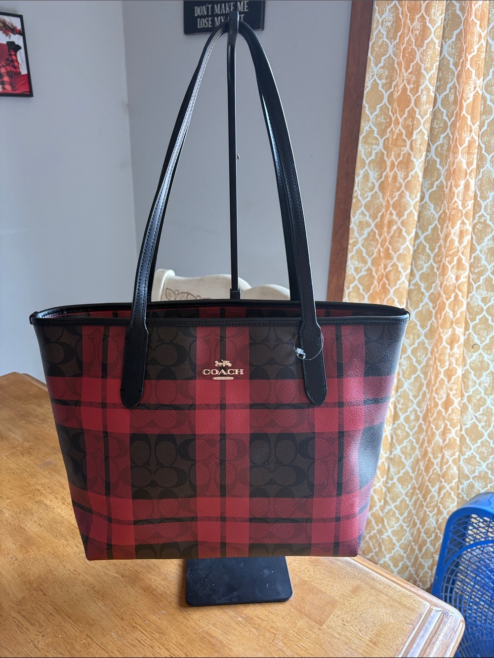 Coach Red and Black Plaid Signature Canvas Tote